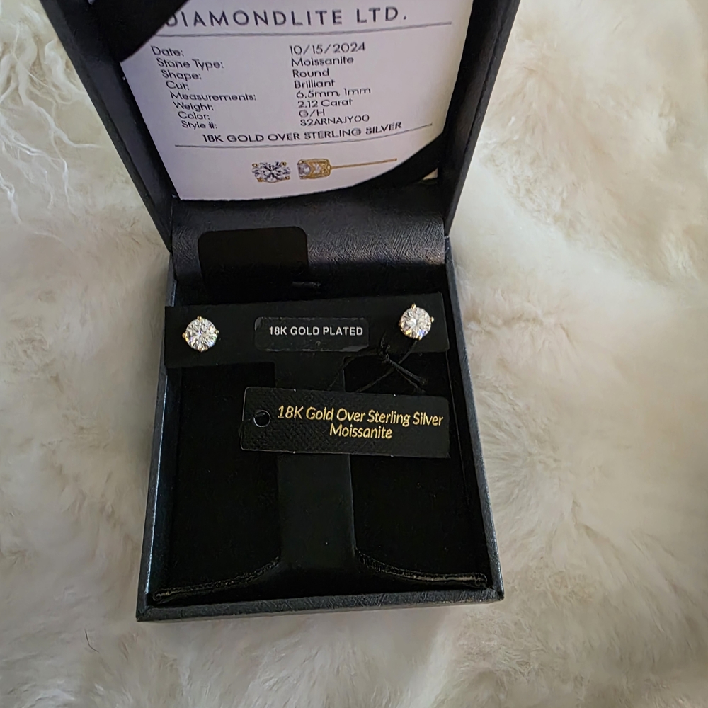 18K Gold Plated Moissanite Earrings Over 925 Sterling Silver.